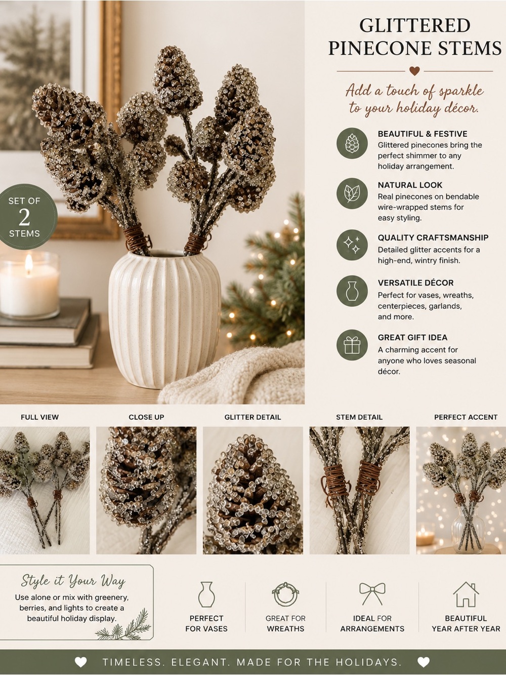 Glittered Pinecone Stems - Set of 2 (Gold)